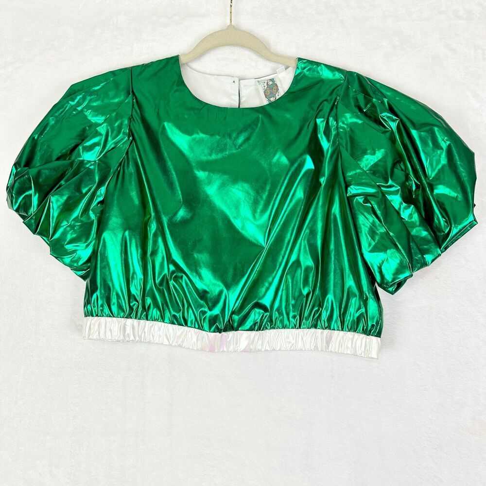 Queen of Sparkles Metallic Iridescent Puff Sleeve Crop Top Medium Green NWOT